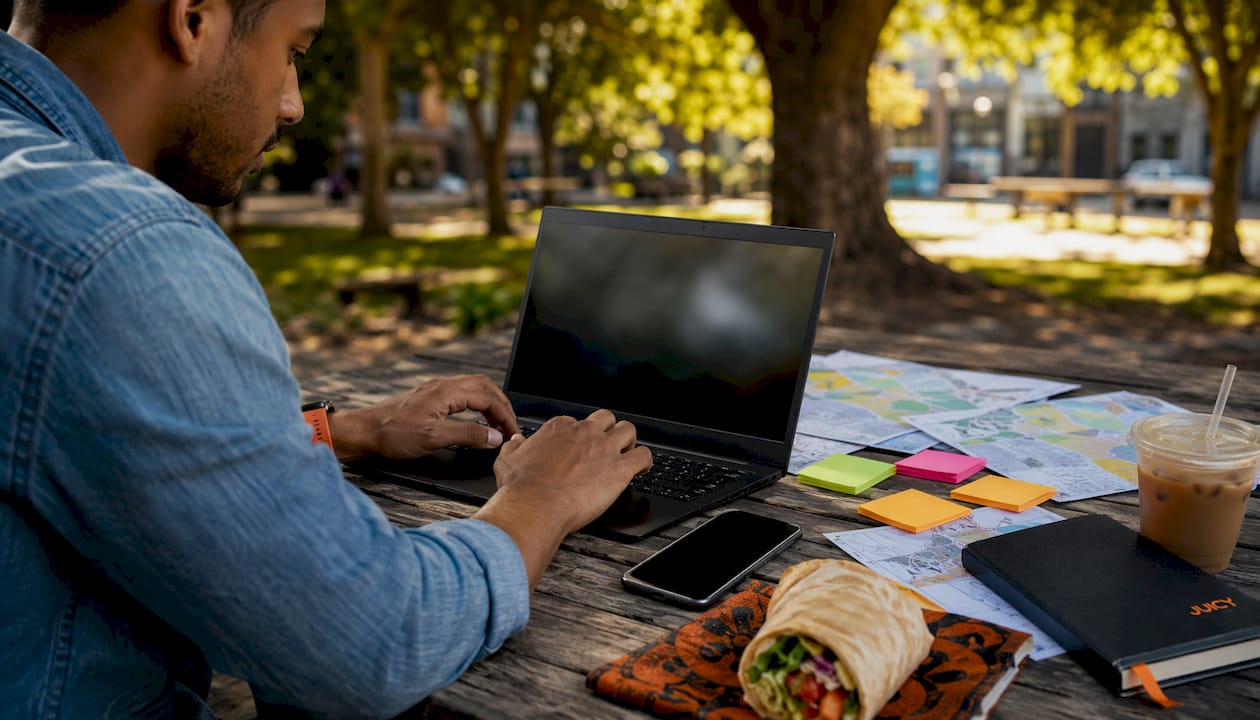 Overhead shot of local targeting planning with maps and laptop