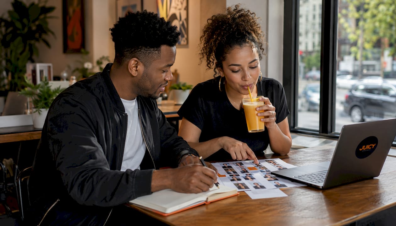 Two marketers planning influencer collaboration over laptop