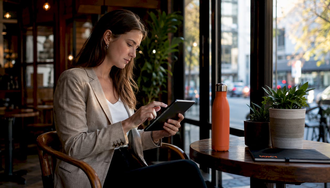 Woman using tablet in hotel lobby