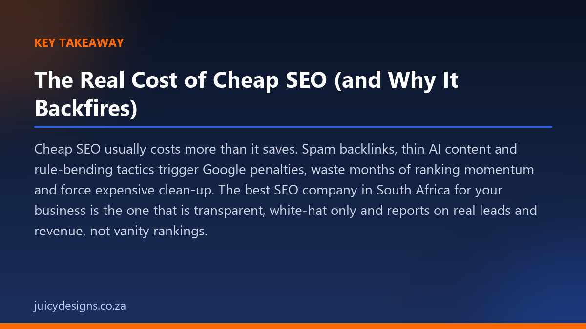 The Real Cost of Cheap SEO (and Why It Backfires) key takeaway, Juicy Designs