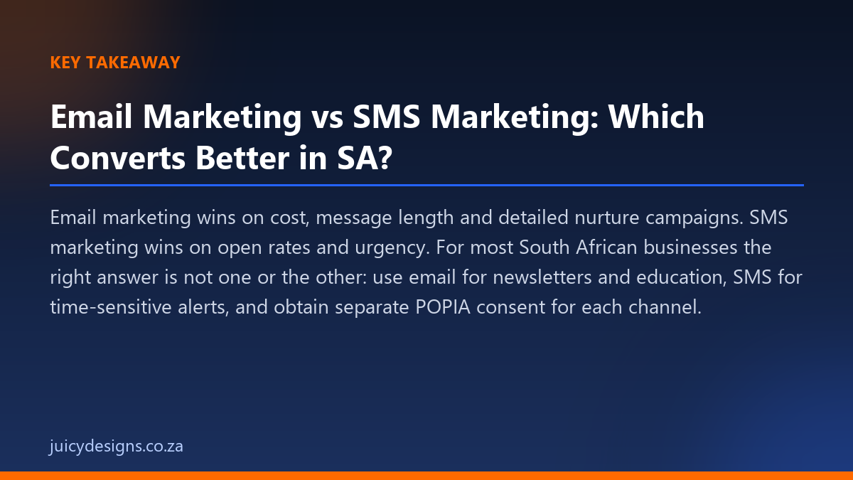 Email Marketing vs SMS Marketing: Which Converts Better in SA? key takeaway, Juicy Designs