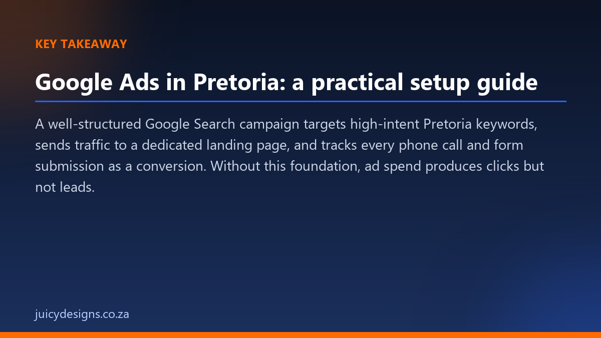 Google Ads in Pretoria: a practical setup guide key takeaway, Juicy Designs