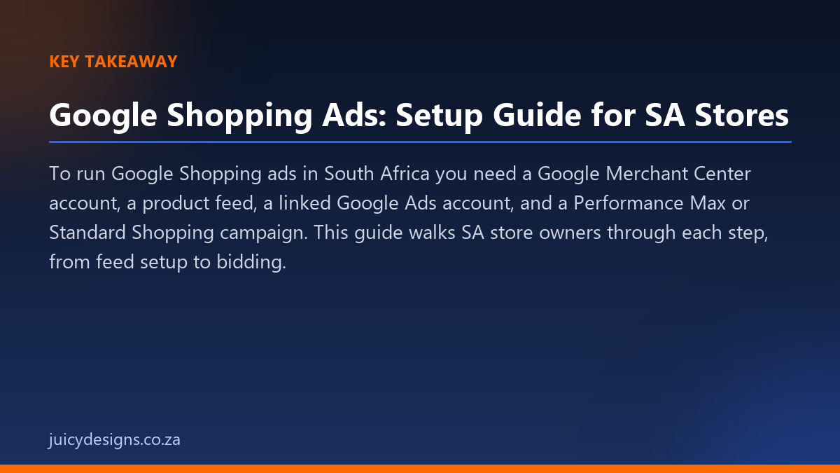 Google Shopping Ads: Setup Guide for SA Stores key takeaway, Juicy Designs