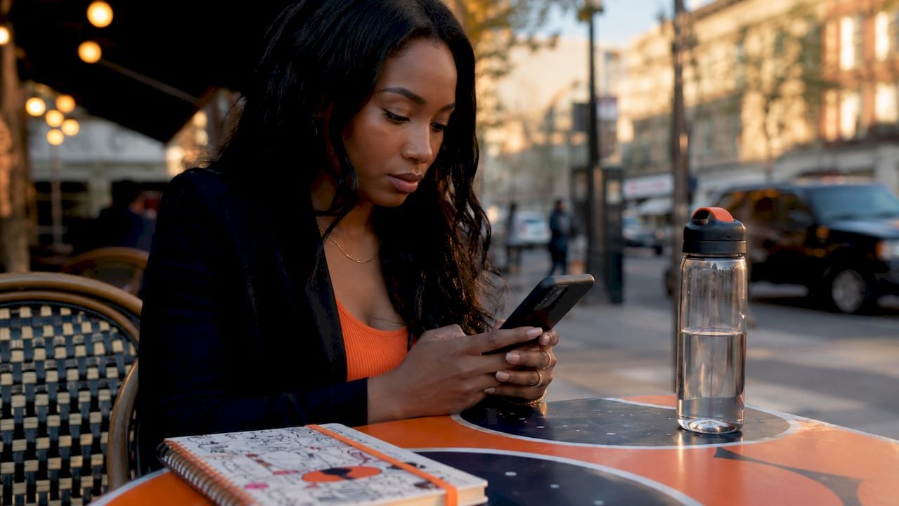 Woman using smartphone to analyse hashtag strategy