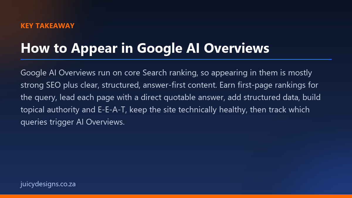 How to Appear in Google AI Overviews key takeaway, Juicy Designs