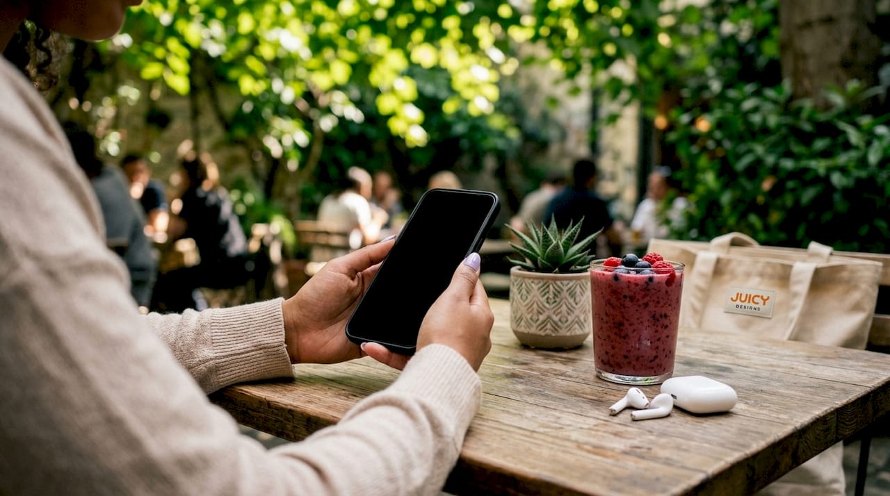 Close-up of hands holding smartphone in coffee shop