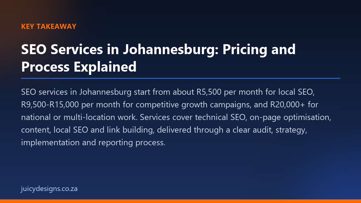 SEO Services in Johannesburg: Pricing and Process Explained key takeaway, Juicy Designs