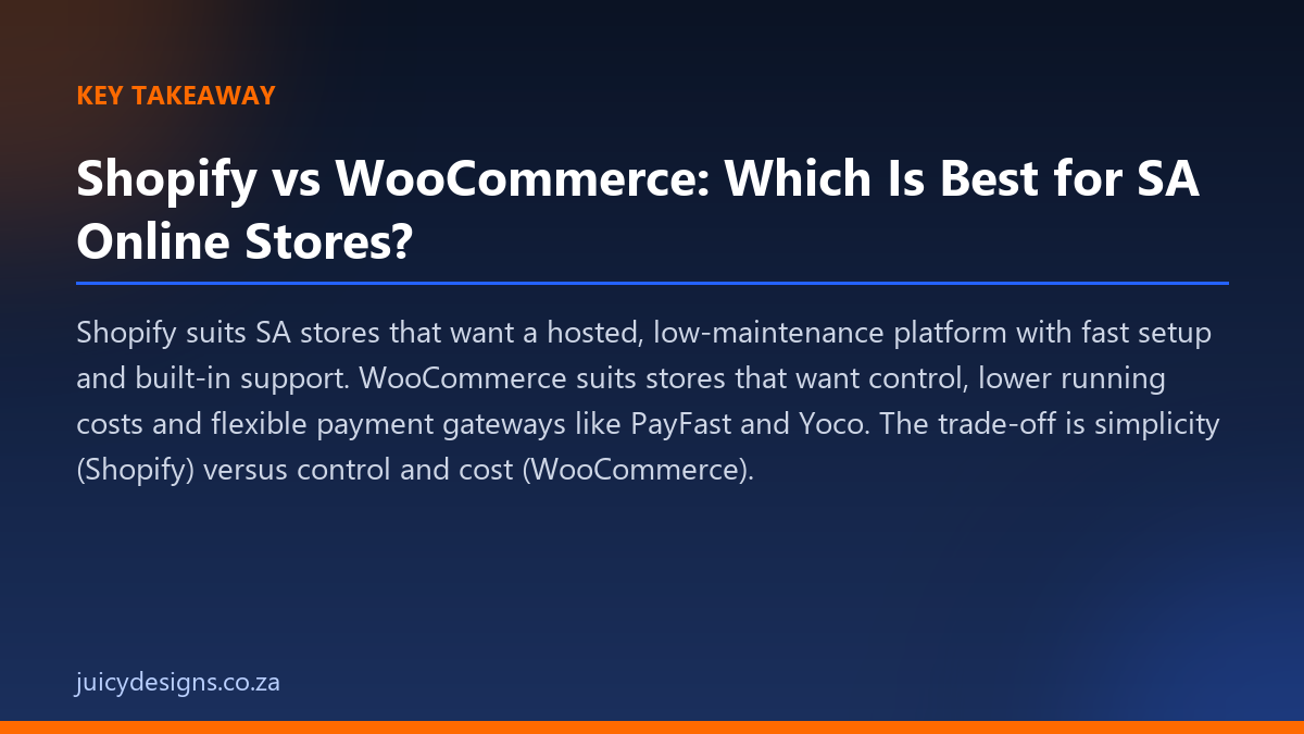 Shopify vs WooCommerce: Which Is Best for SA Online Stores? key takeaway, Juicy Designs