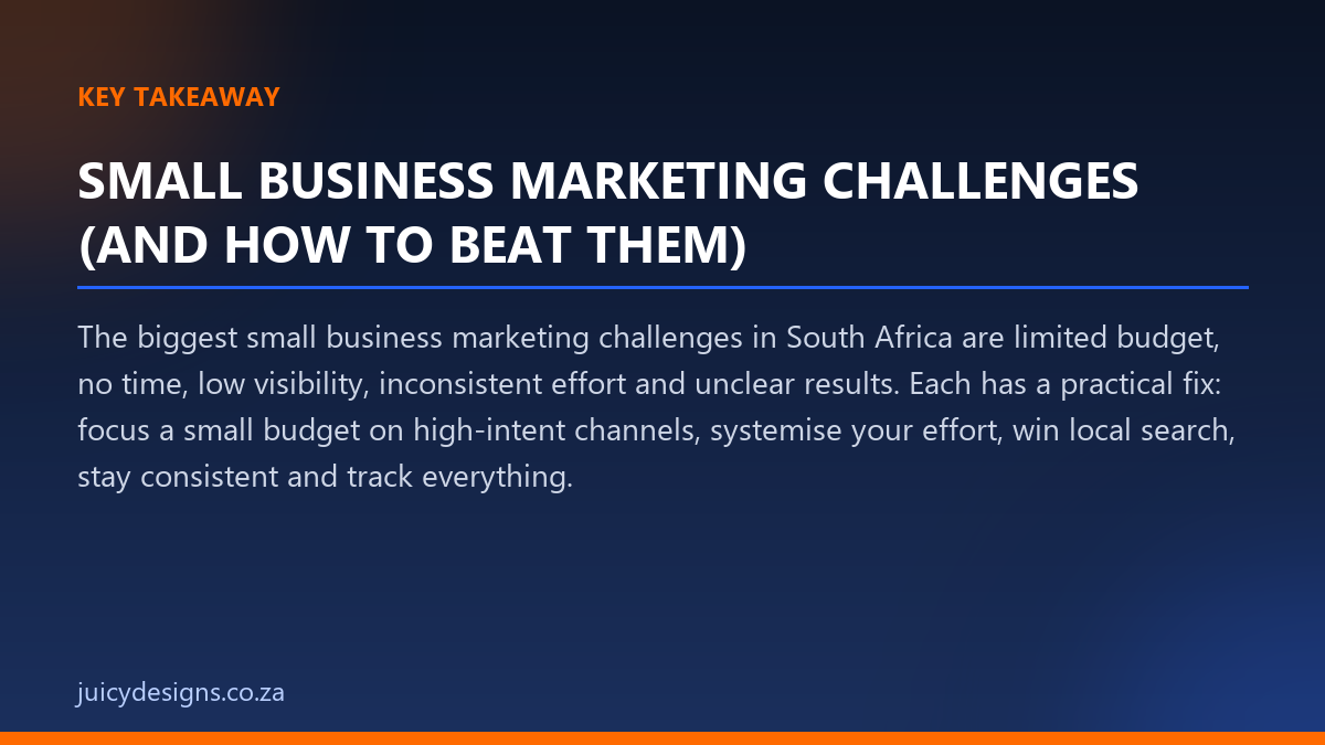 SMALL BUSINESS MARKETING CHALLENGES (AND HOW TO BEAT THEM) key takeaway, Juicy Designs