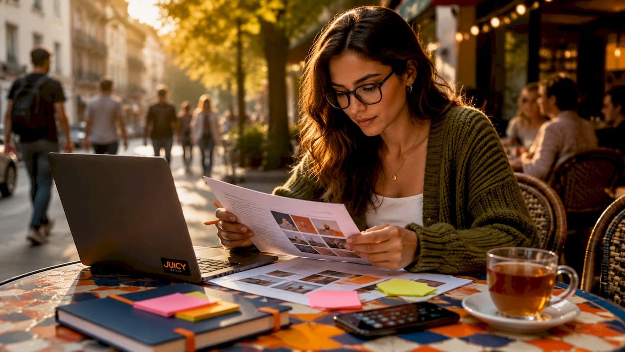 Woman planning retail social media content in cafe