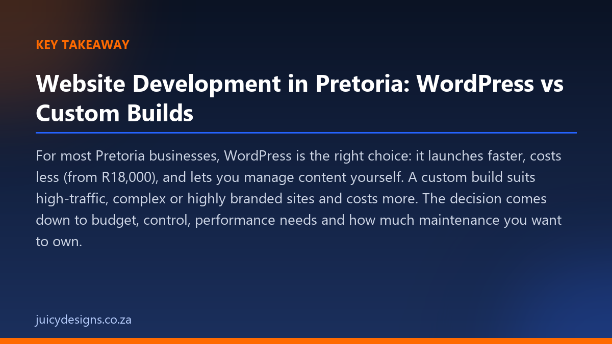 Website Development in Pretoria: WordPress vs Custom Builds key takeaway, Juicy Designs