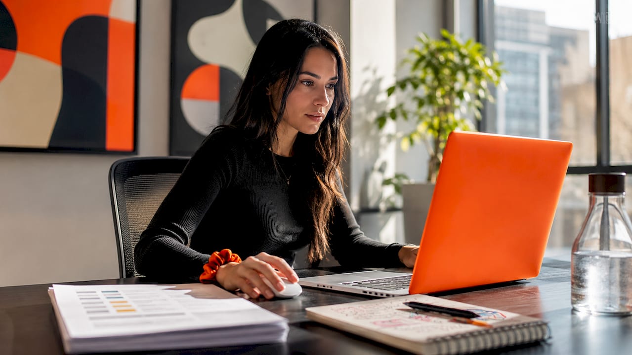 Woman working on paid search advertising at desk