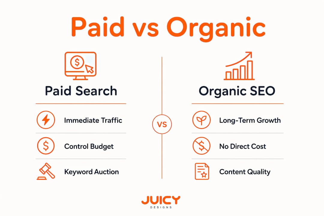 Infographic comparing paid search and organic SEO