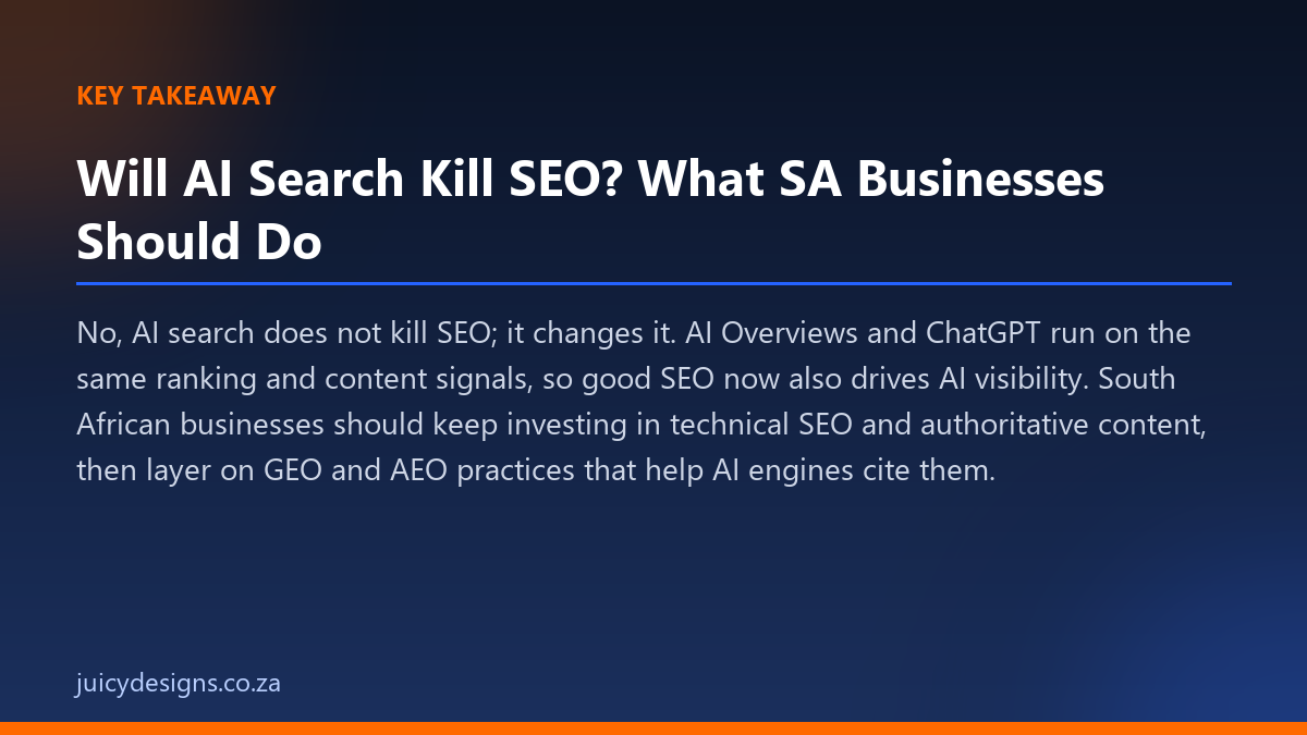 Will AI Search Kill SEO? What SA Businesses Should Do key takeaway, Juicy Designs