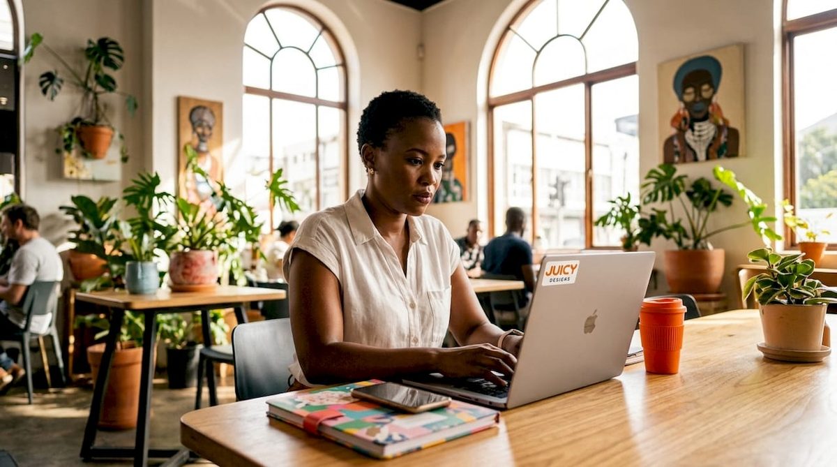 Marketing professional working at desk with laptop and documents