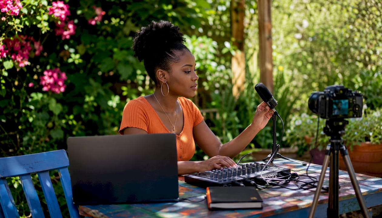 Woman preparing for YouTube video recording in studio