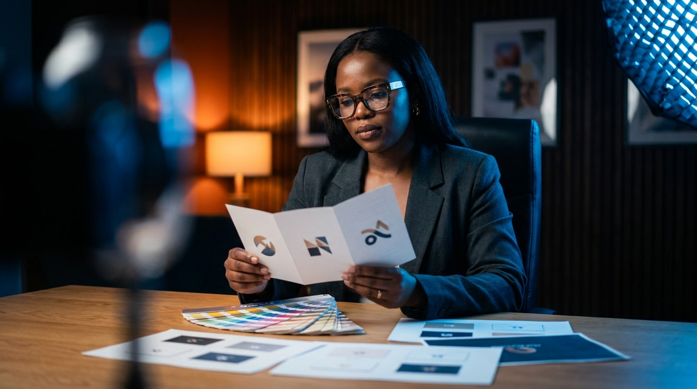 A Juicy Designs designer reviewing printed logo concepts and colour swatches