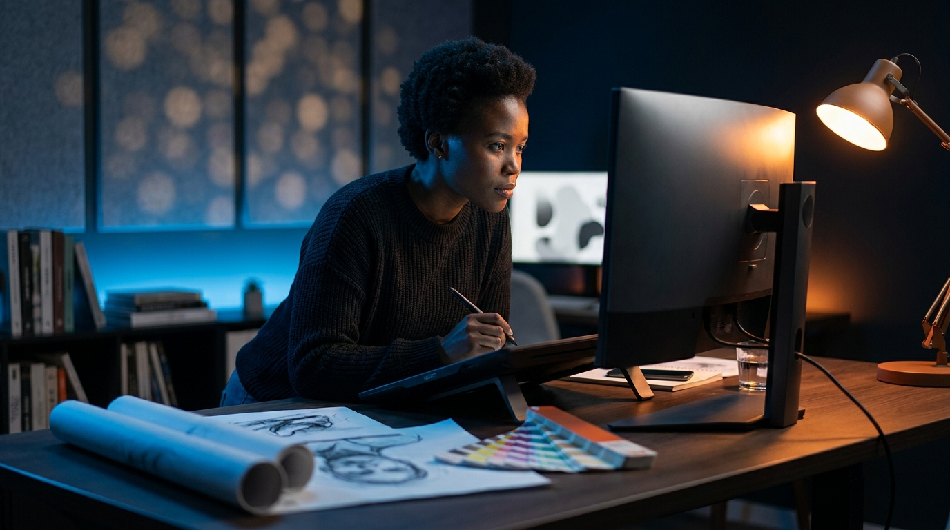 A Juicy Designs graphic designer working on a brand logo in their Pretoria studio