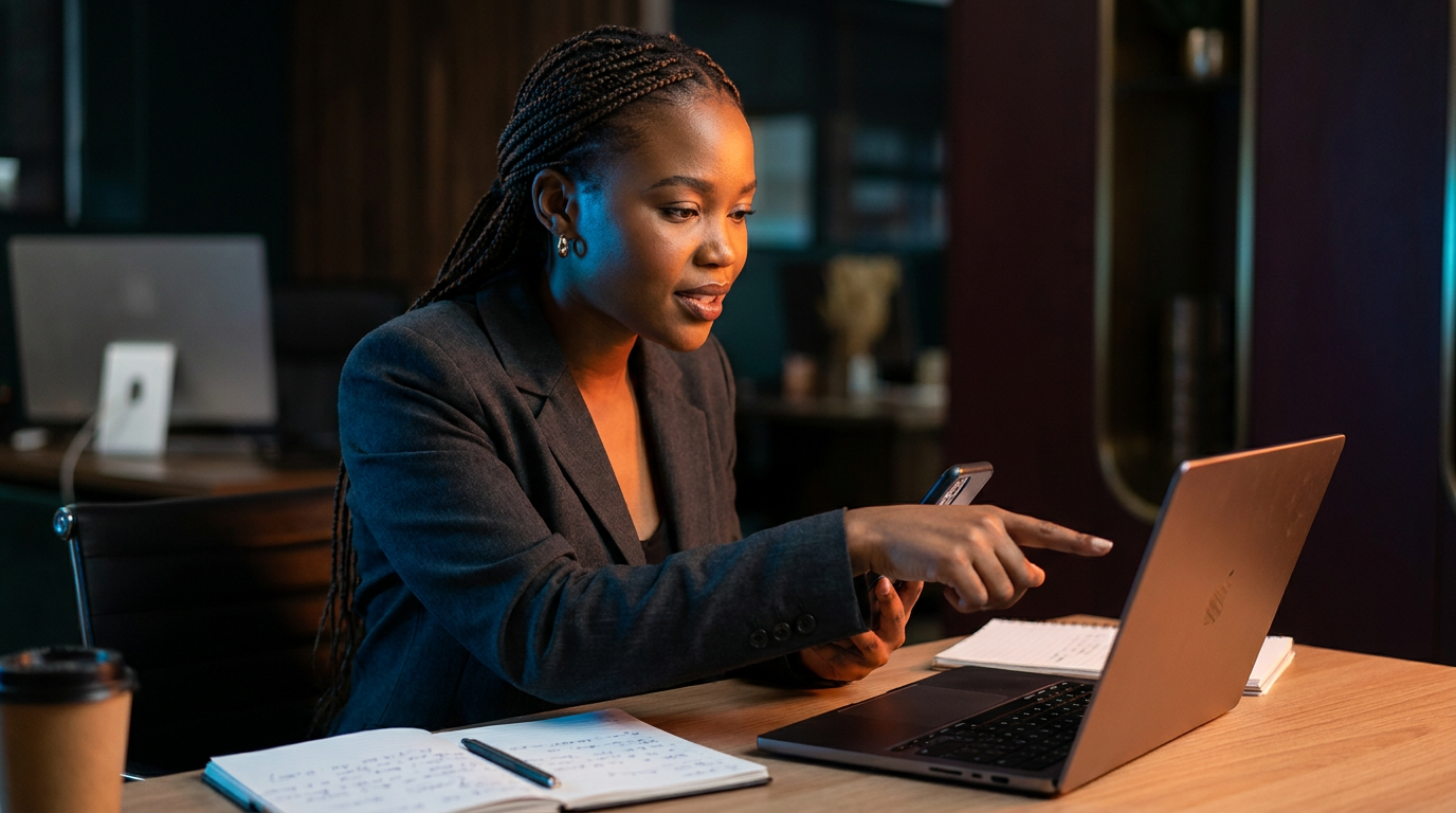 A Juicy Designs social media manager creating and scheduling content in their Pretoria studio
